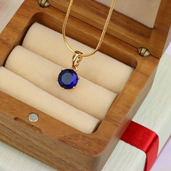"Royal Blue Round Pendant in Gold Finish for Elegant Everyday Style, XPPT1677 - Picture 4 of 13